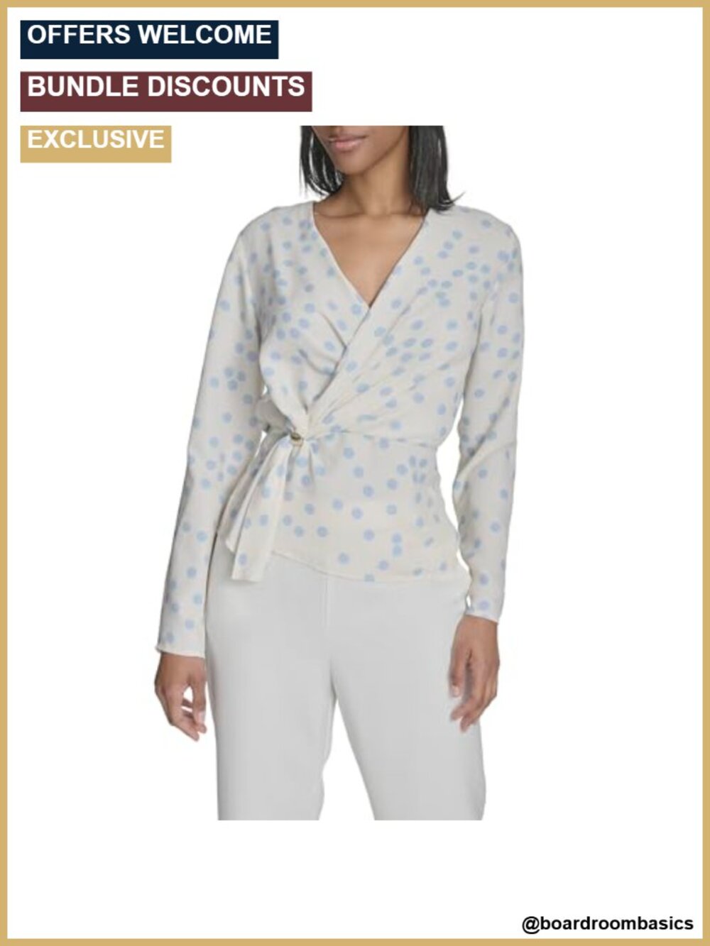 Long Sleeve Wrap Polka Dot Blouse with Hardware, 100% Polyester, V-Neck,